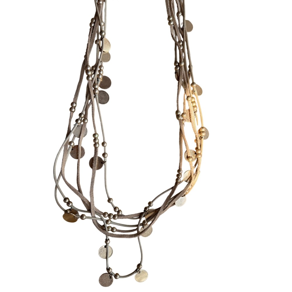 Plunder Multi Strand Boho Necklace‎ Tan Suede Gold Tone Disc Bead Layered